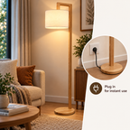 Floor Lamp | Japanese Right Angle Arm, Beige | Wood & Fabric