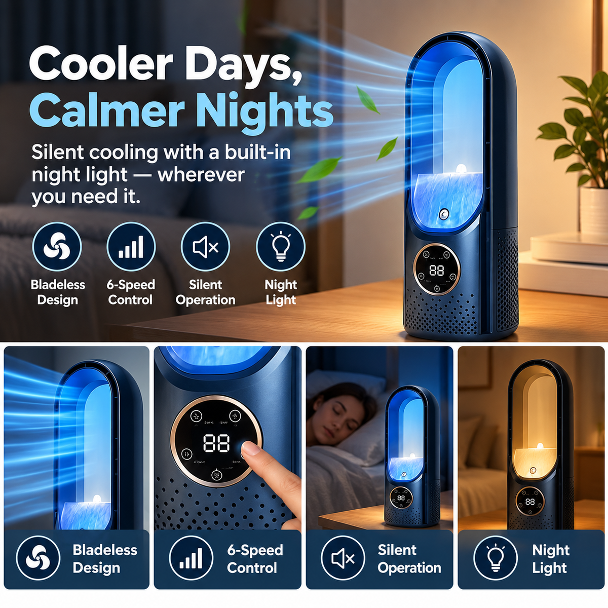 Bladeless Fan | 6-Speed Control, Night Light, Blue | Portable Desktop