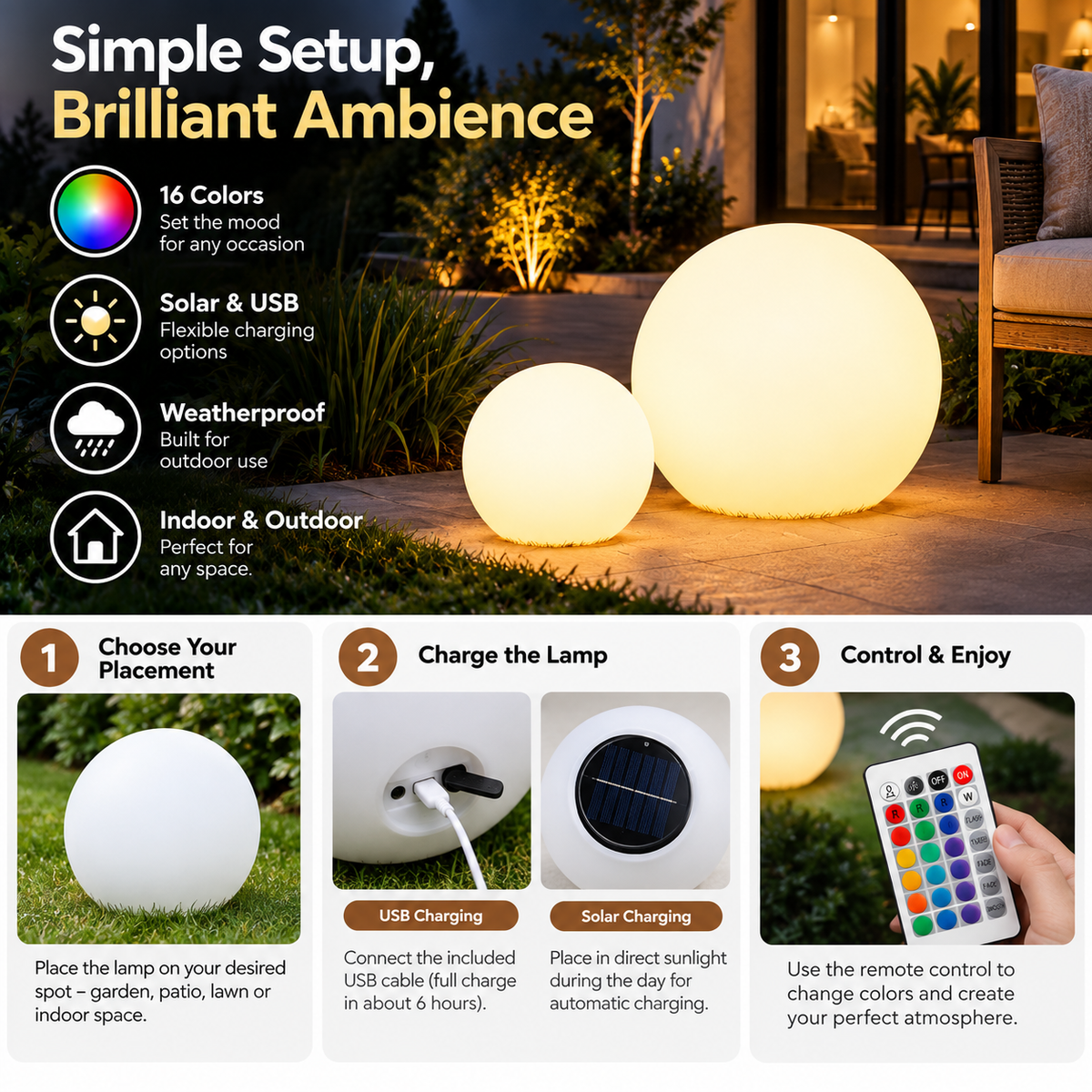 Spherical Garden Light | 16 Colors, Remote Control | Solar & USB, Weatherproof