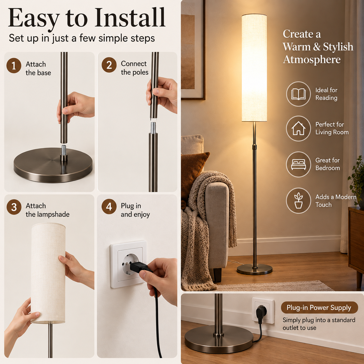 Floor Lamp | White Cylindrical, Metal & Fabric, 180cm | Minimalist