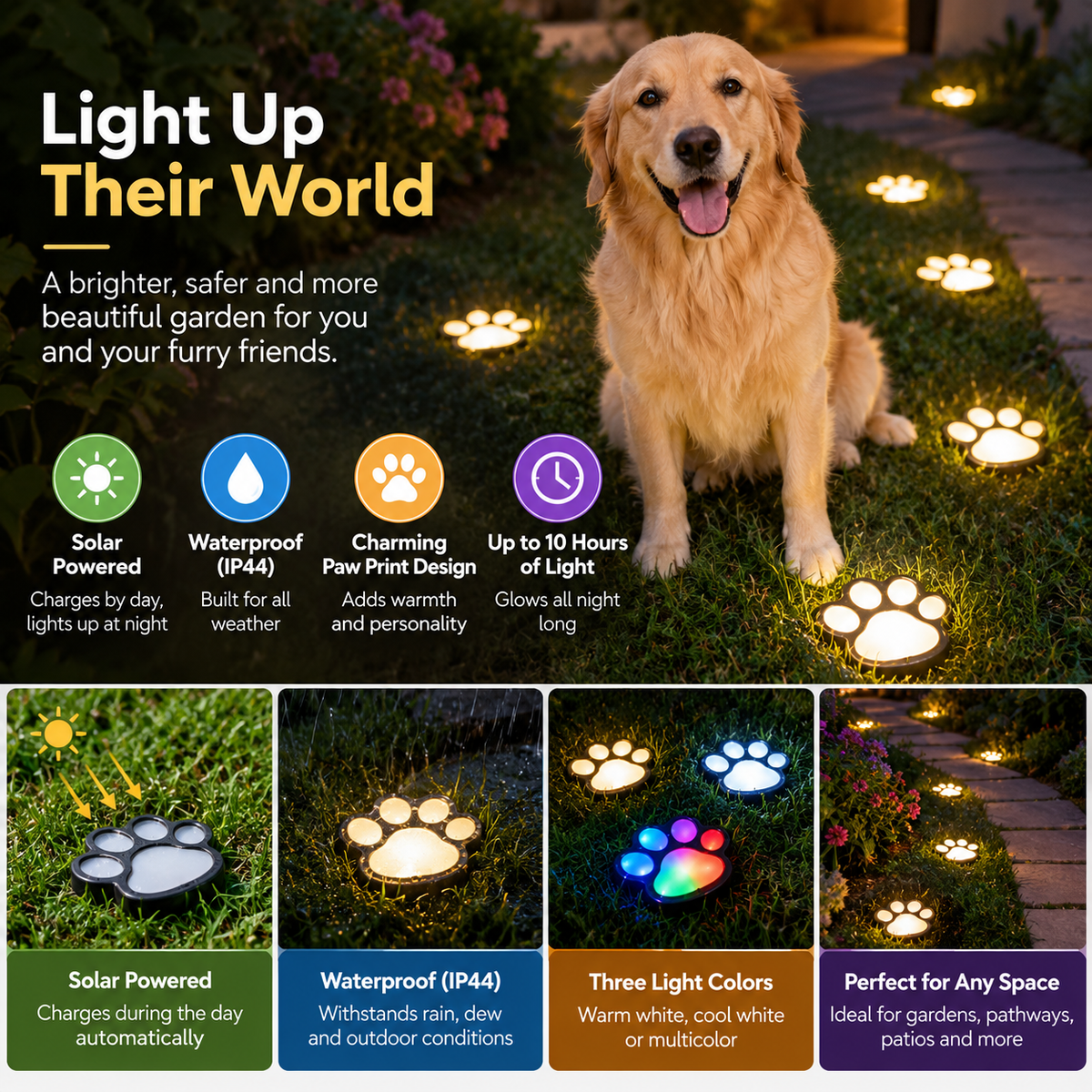 Solar Paw Print Light | Outdoor Garden LED, Waterproof | Warm, Cool & Multicolor