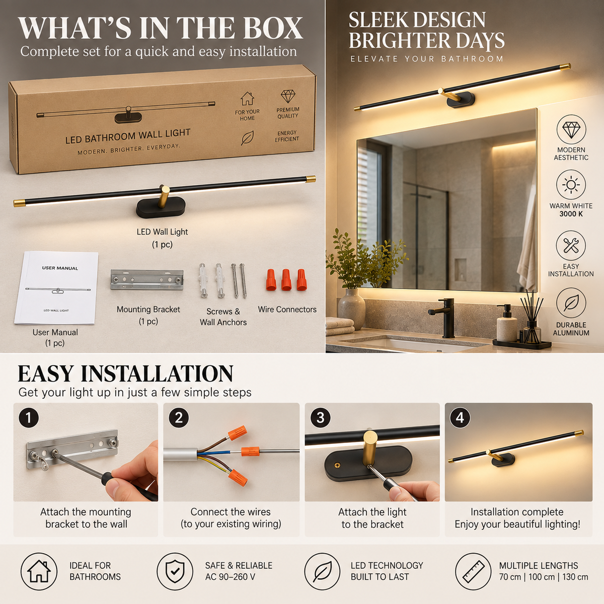 Bathroom Wall Light | LED Above Mirror, Minimalist Aluminum | Warm White