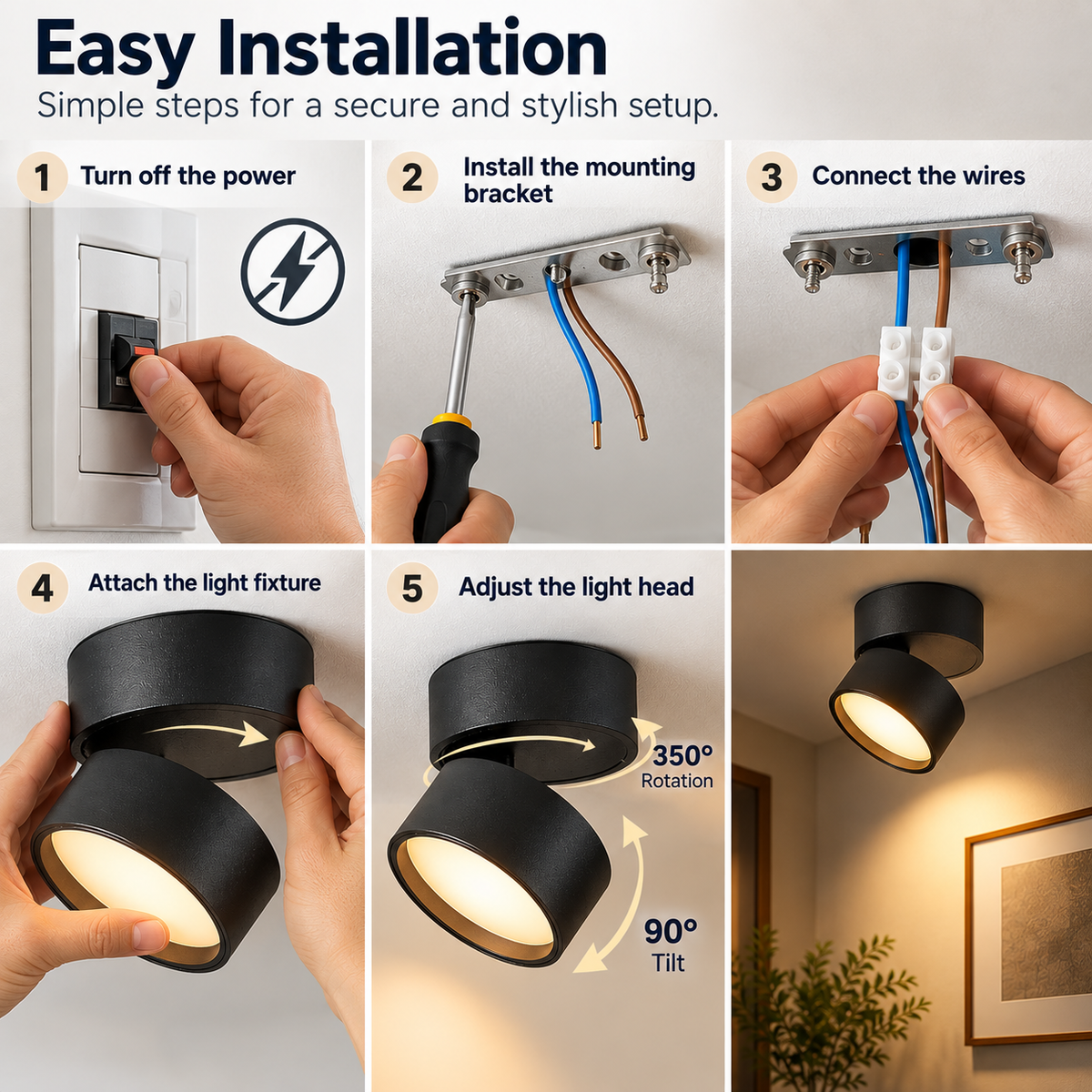 Flush Mount Ceiling Light | Modern LED, Adjustable Head | Aluminum