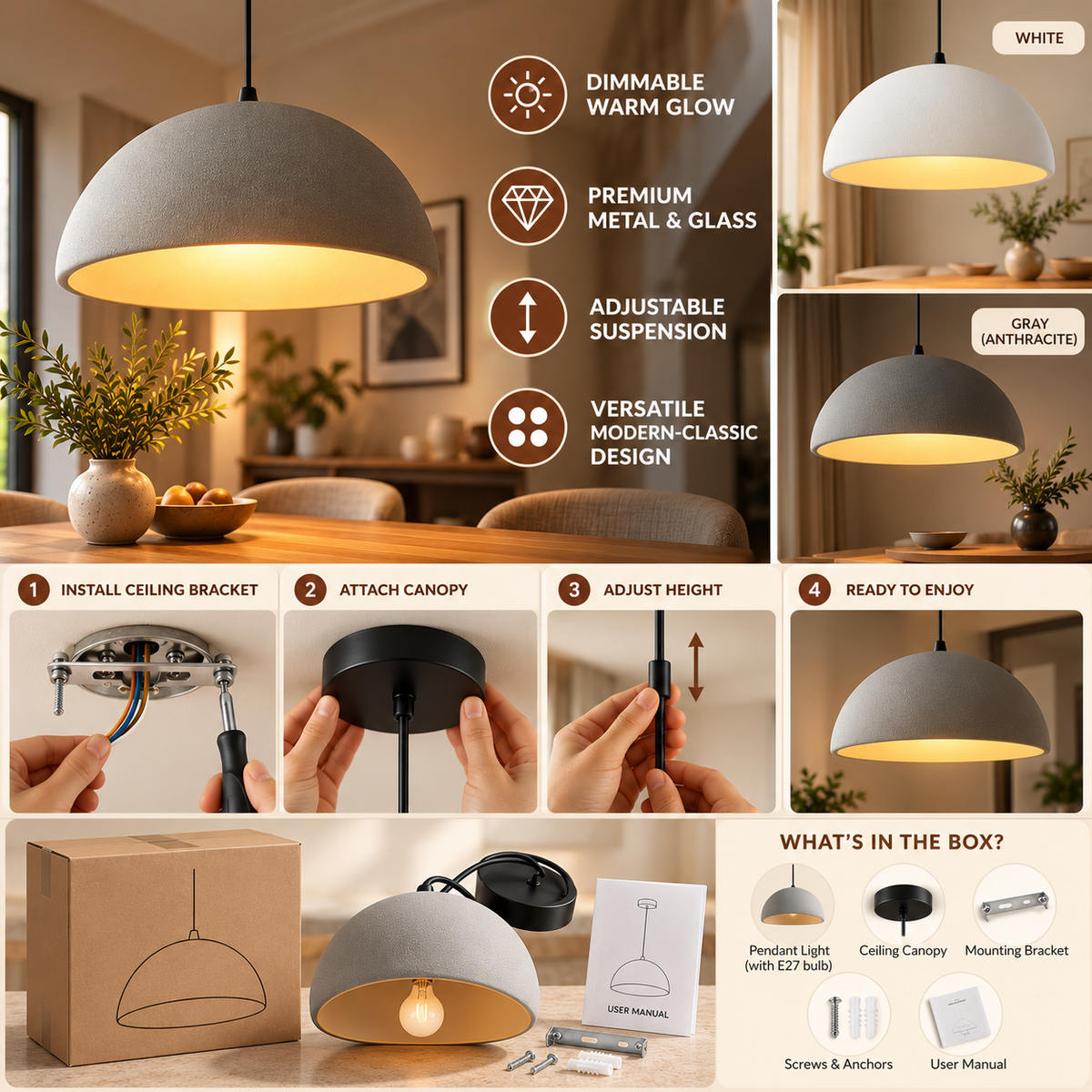 Pendant Light | Dimmable Warm Glow, Metal & Glass | Ceiling Lamp