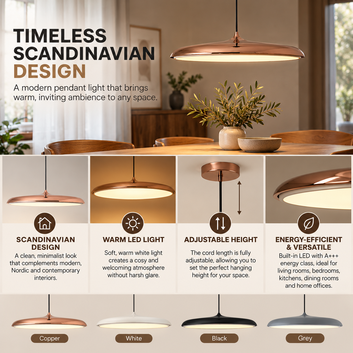 Pendant Light | Scandinavian Design, Dining Table Lamp | Adjustable, LED