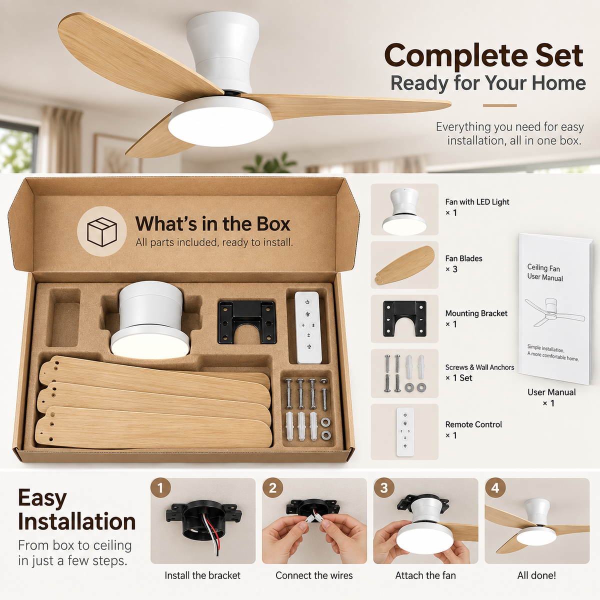 Ceiling Fan with LED Light | High Wind Power, Integrated Indoor Fan