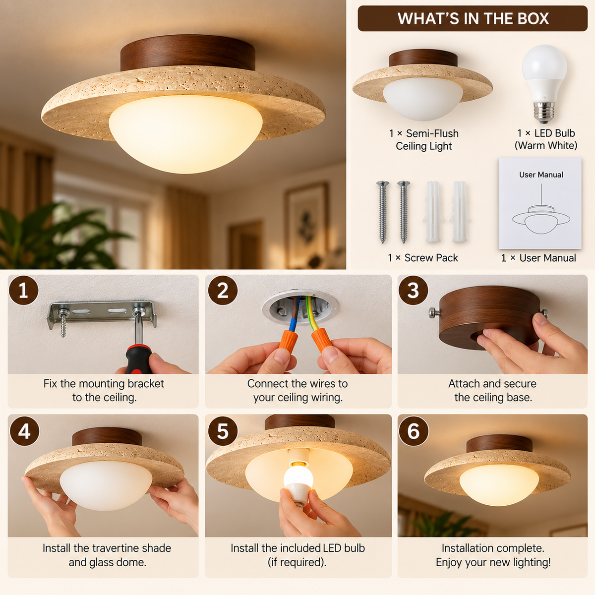 Semi-Flush Ceiling Light | Travertine & Wood, Warm LED, Modern
