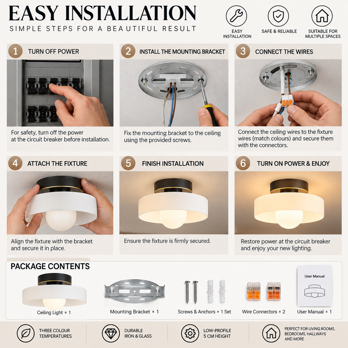 Ceiling Light | Round Glass Shade, Bauhaus LED, 3 Colour Temps