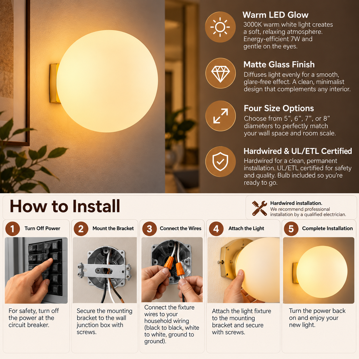 Glass Wall Light | Modern LED, Warm Glow, Hardwired | Living Room & Bedroom