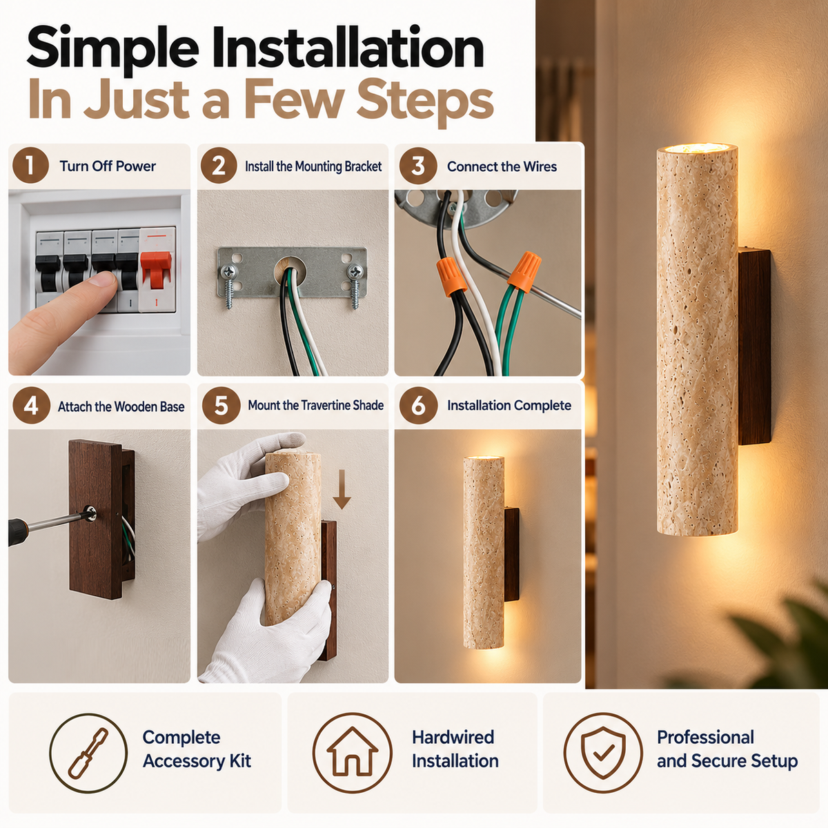 Travertine Wall Light | Warm LED, Natural Stone & Wood | 3 Sizes