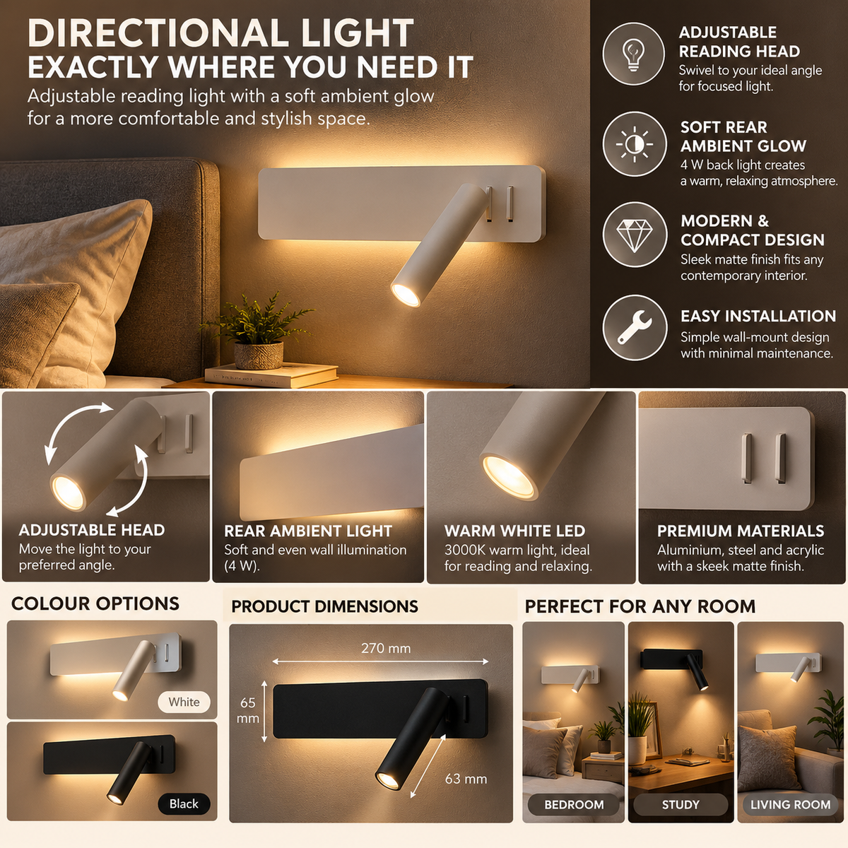 Wall Reading Light | Adjustable Head LED, Indoor Modern Design