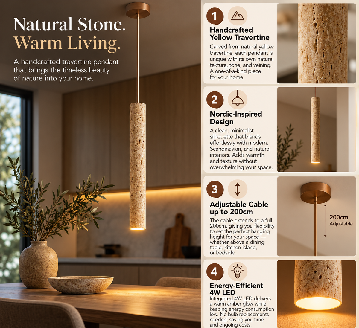 Travertine Pendant Light | Yellow Stone, Nordic, 30cm, 4W LED