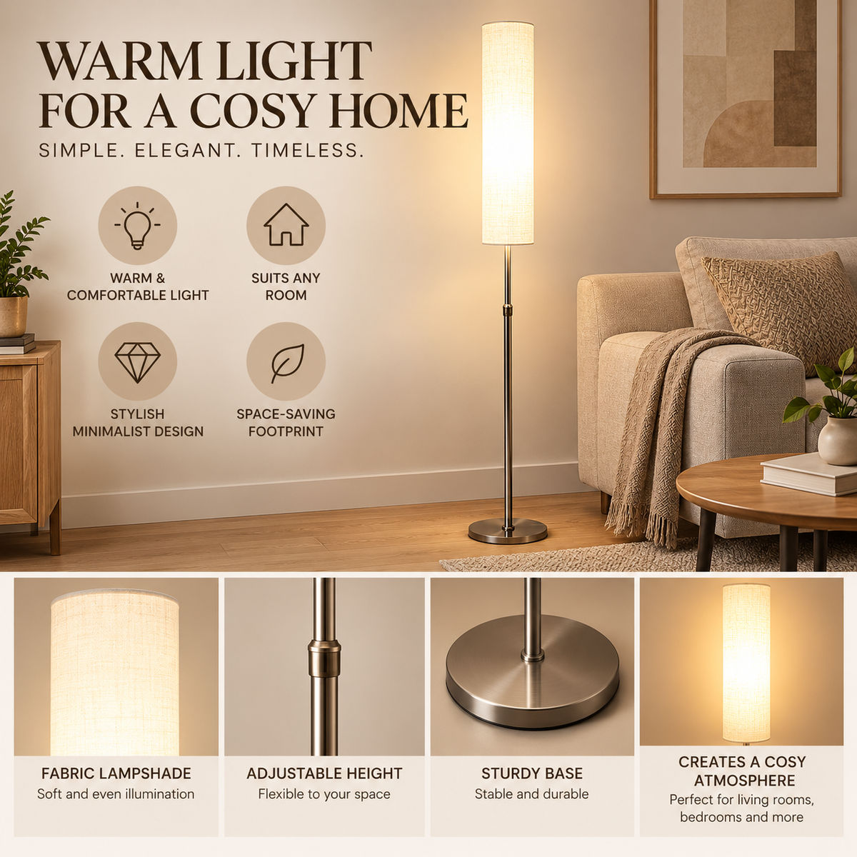Floor Lamp | White Cylindrical, Metal & Fabric, 180cm | Nora