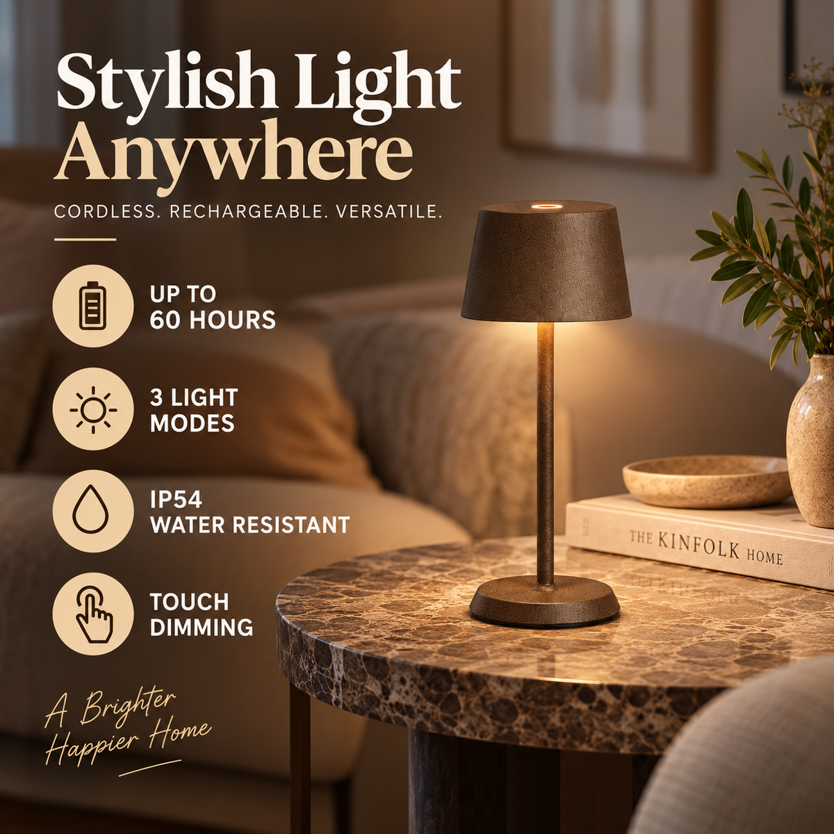 Rechargeable Table Lamp | Cordless, Dimmable, Mocha Brown | 3 Light Modes