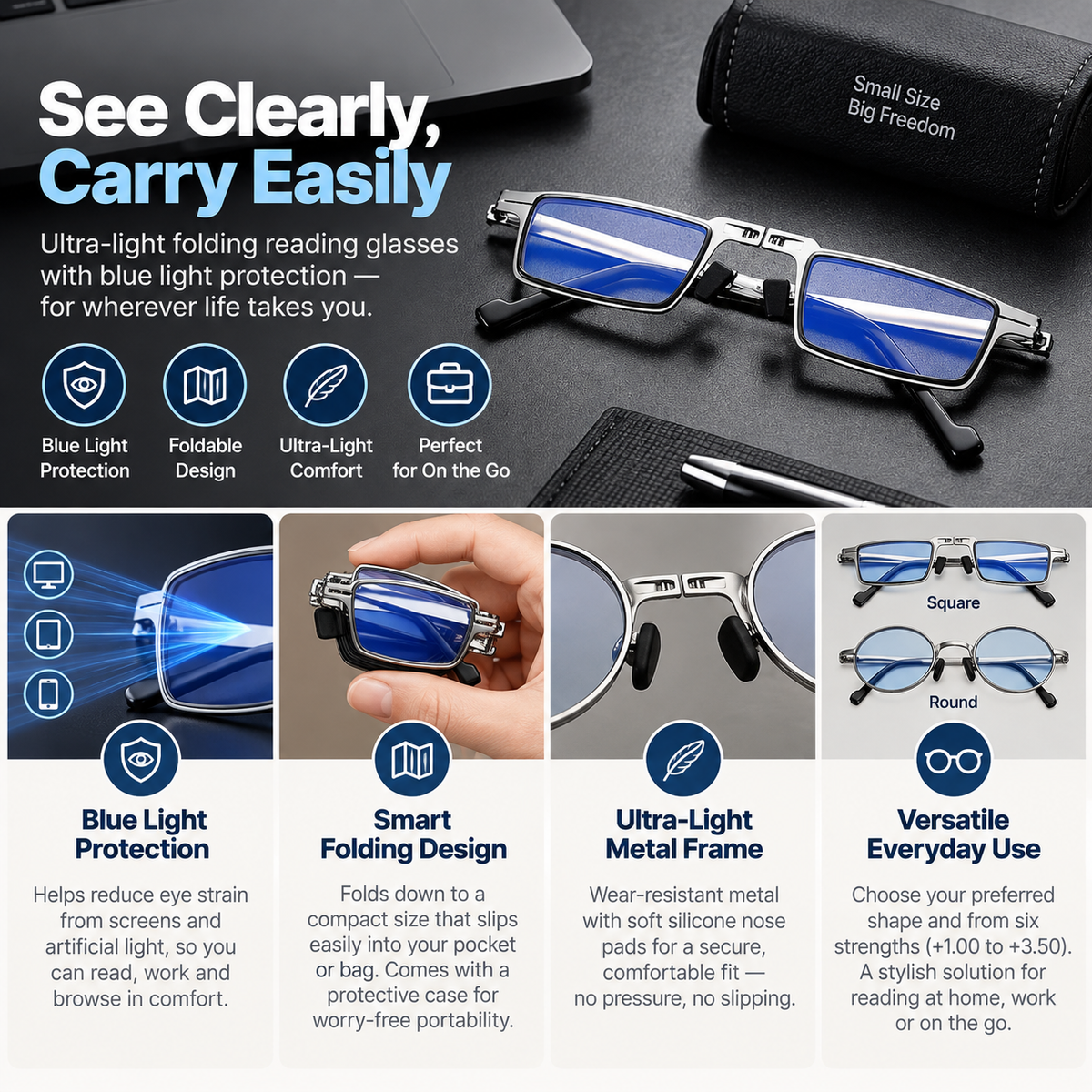 Folding Reading Glasses | Ultra-Light, Blue Light Protection | Metal Frame