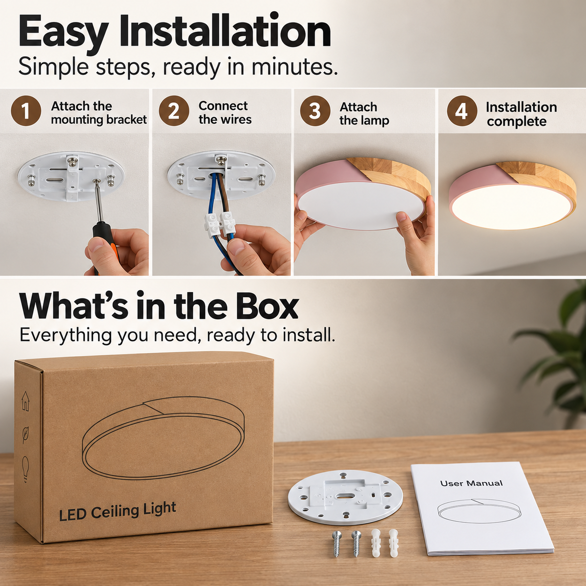 LED Ceiling Light | Scandinavian Wooden Design | AC 220V, D23/D30 cm