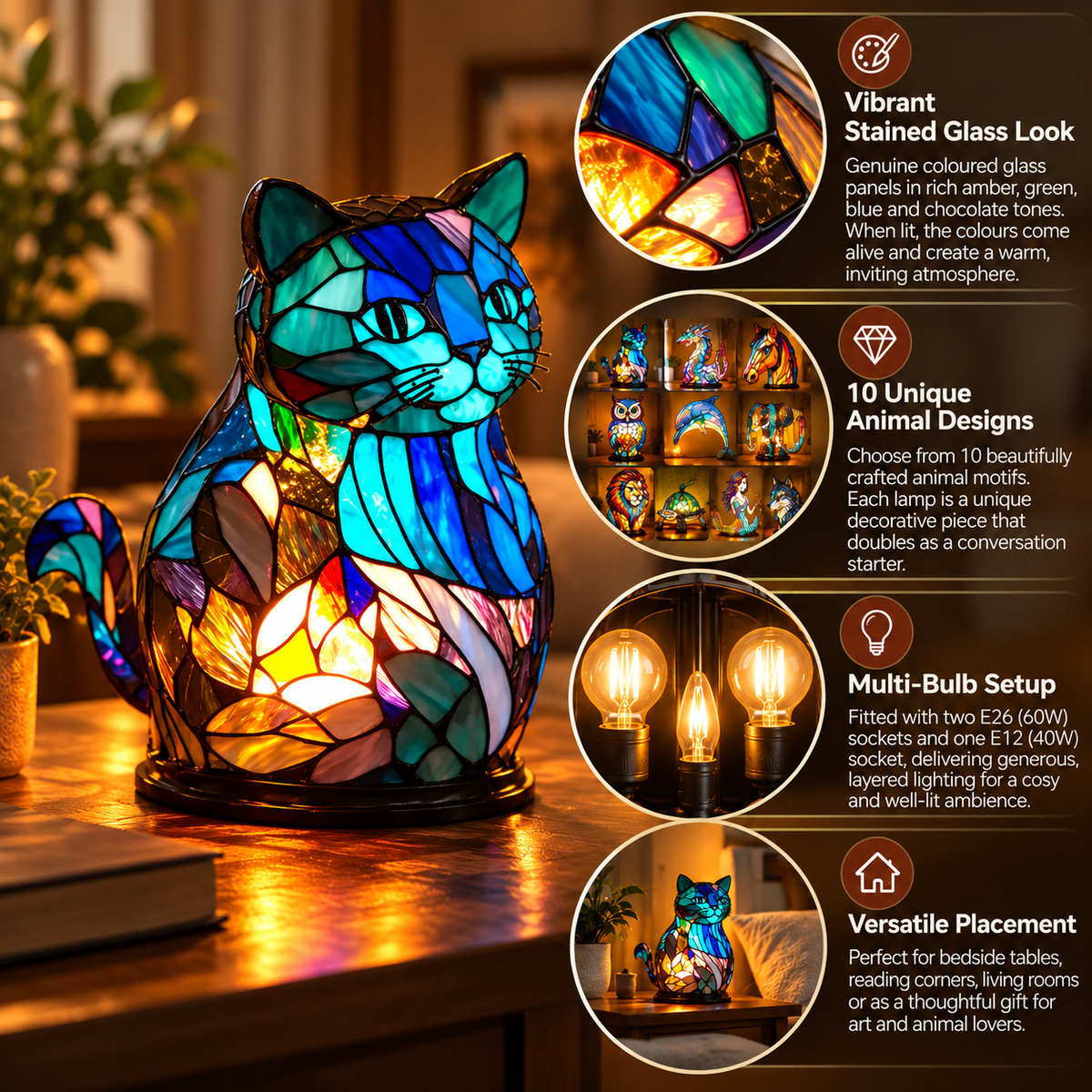 Stained Glass Animal Lamp | Artistic Table Lamp | 10 Designs, Warm Light