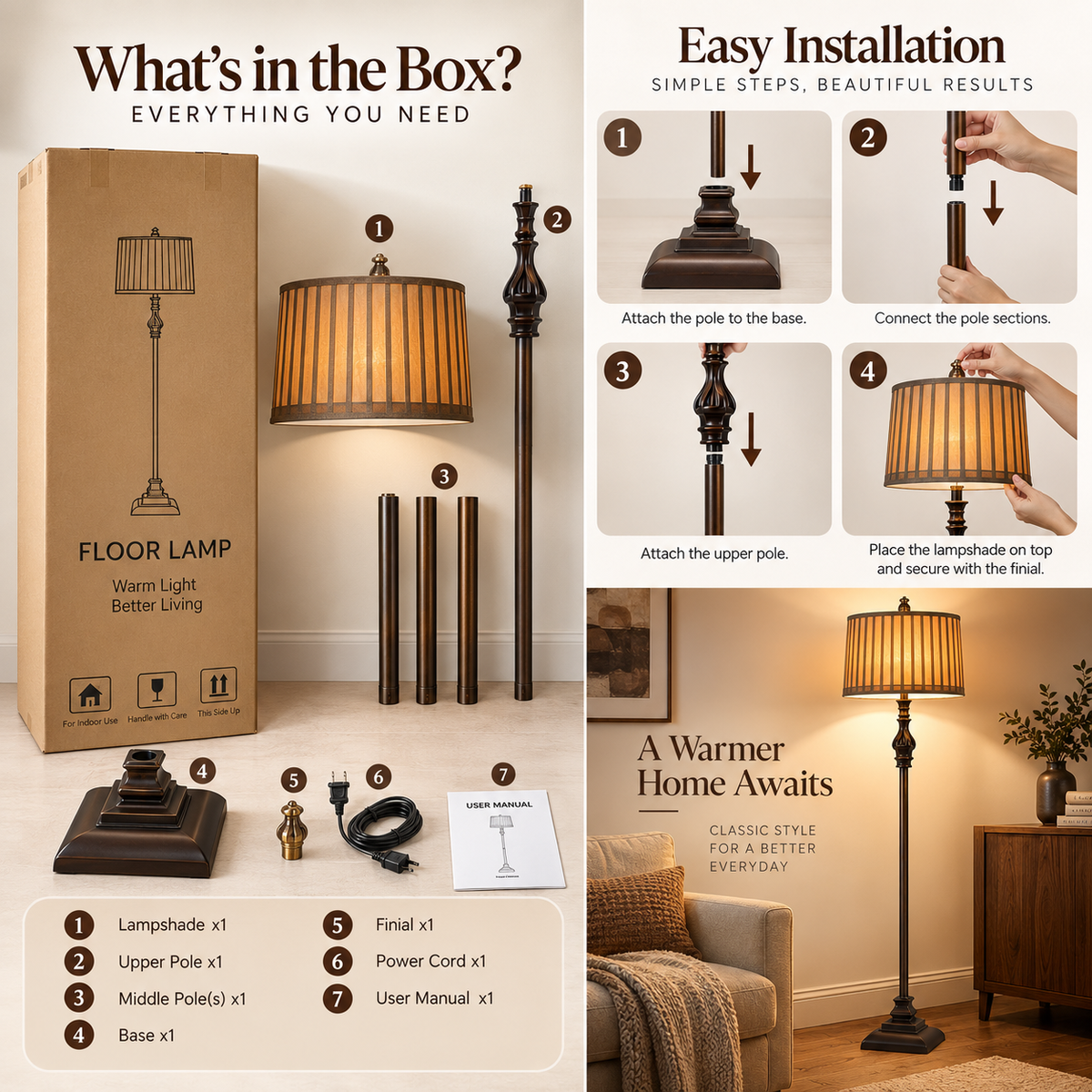 Floor Lamp | Vintage Resin & Fabric, Brown, 150cm Standing