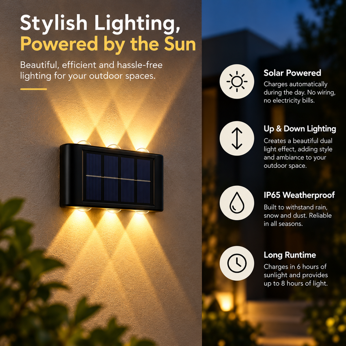 Solar LED Wall Light | Outdoor Garden Lamp | IP65, Up & Down Lighting