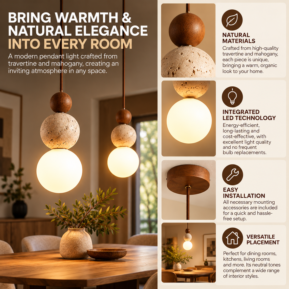 Pendant Light | Travertine & Mahogany, Modern Natural Style