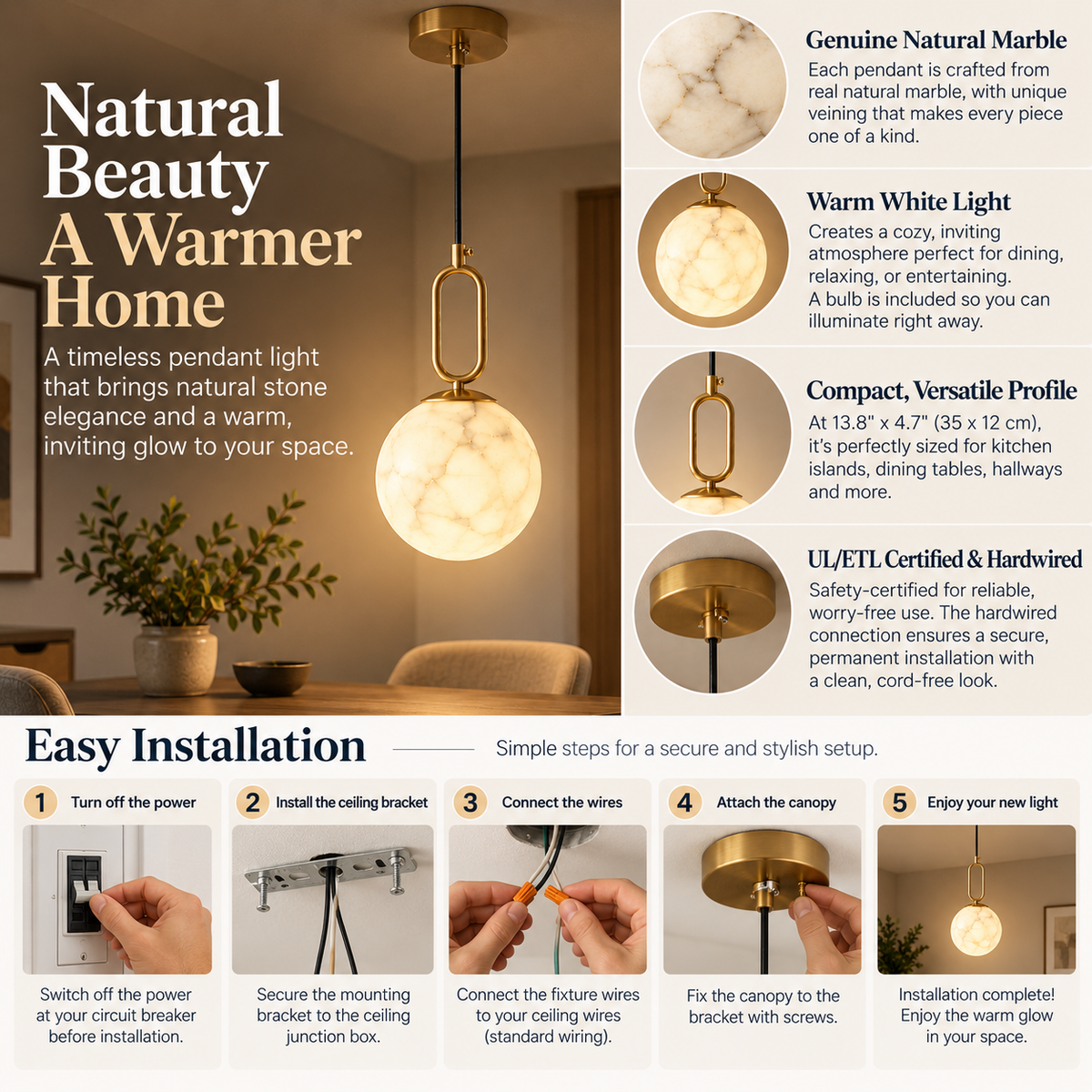 Marble Pendant Light | Warm LED Glow, Minimalist | Natural Stone, Hardwired