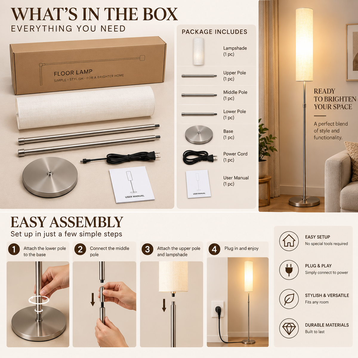 Floor Lamp | White Cylindrical, Metal & Fabric, 180cm | Nora