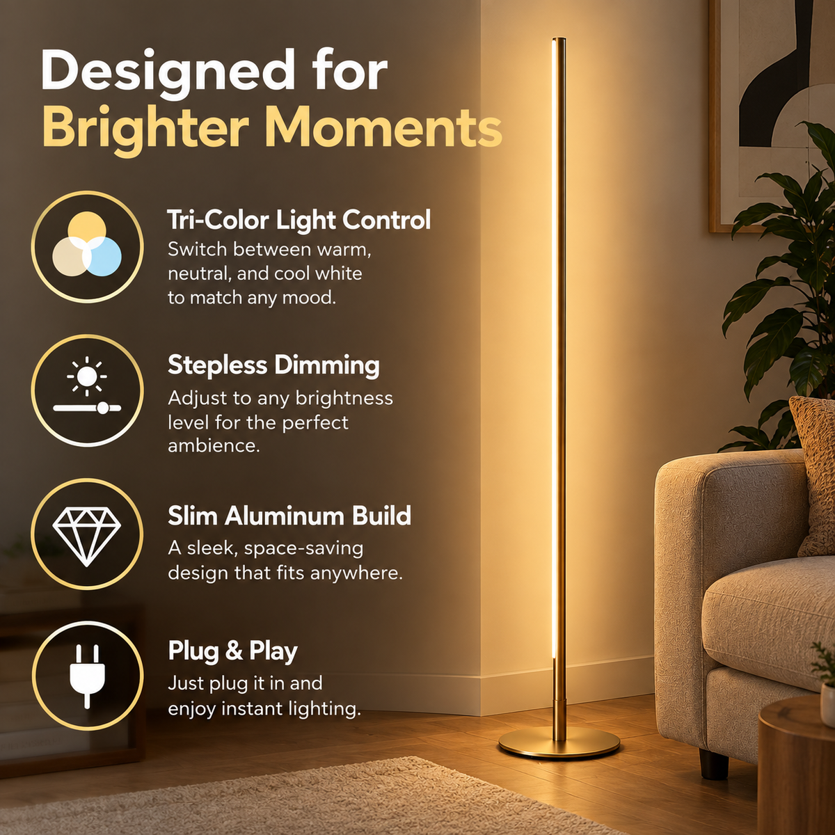 Floor Lamp | Minimalist Metal, Tri-Color Dimming | Living Room