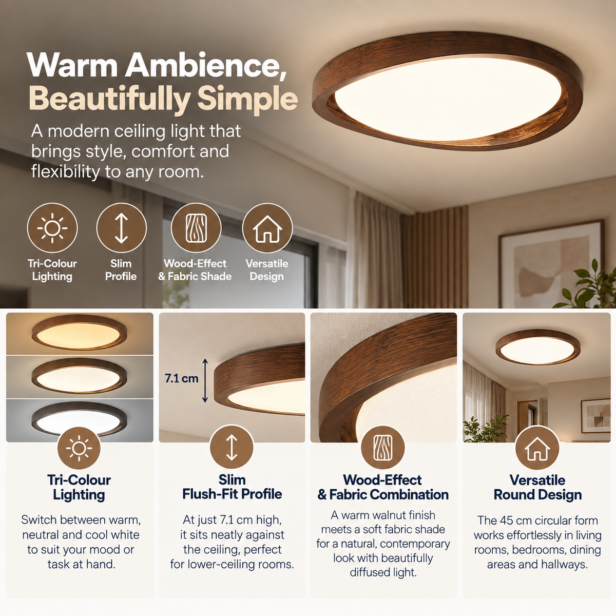 Flush Mount Ceiling Light | Wood-Effect, Tri-Colour, Fabric Shade | Modern