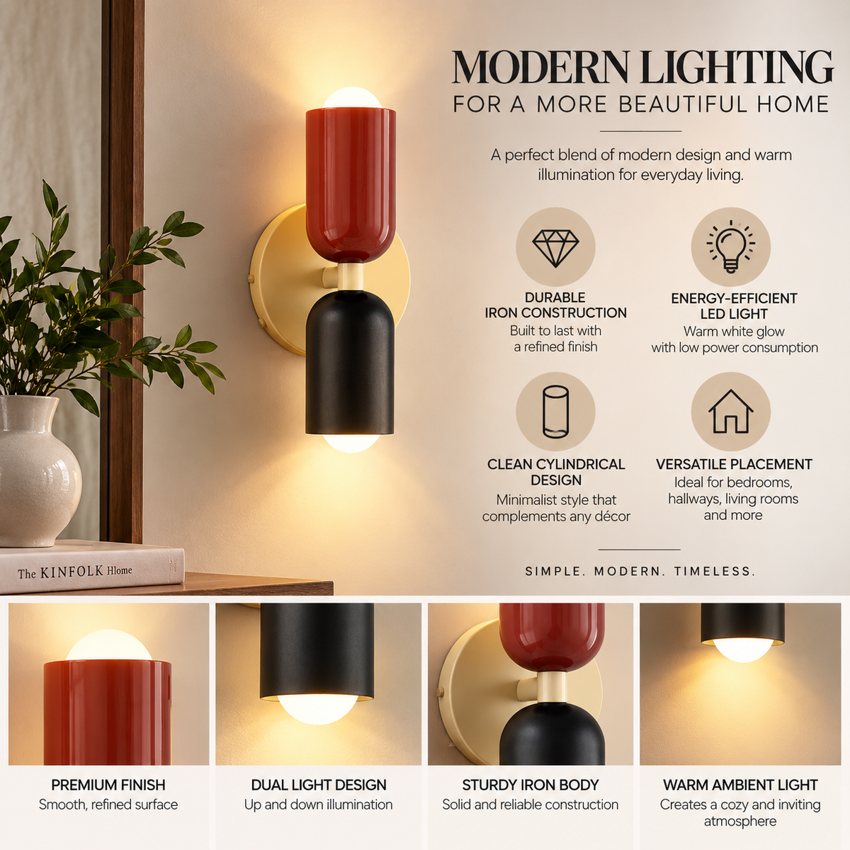 Wall Sconce | Modern Minimalist, Cylinder LED, 2-Light | Iron