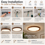 Flush Mount Ceiling Light | Wood-Effect, Tri-Colour, Fabric Shade | Modern