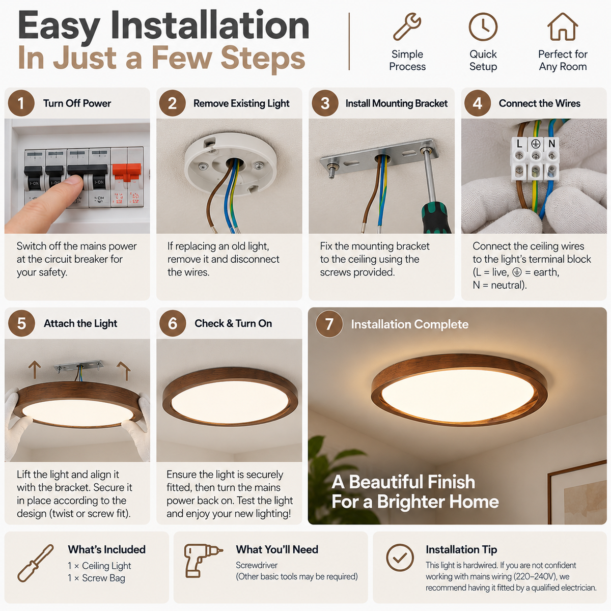 Flush Mount Ceiling Light | Wood-Effect, Tri-Colour, Fabric Shade | Modern