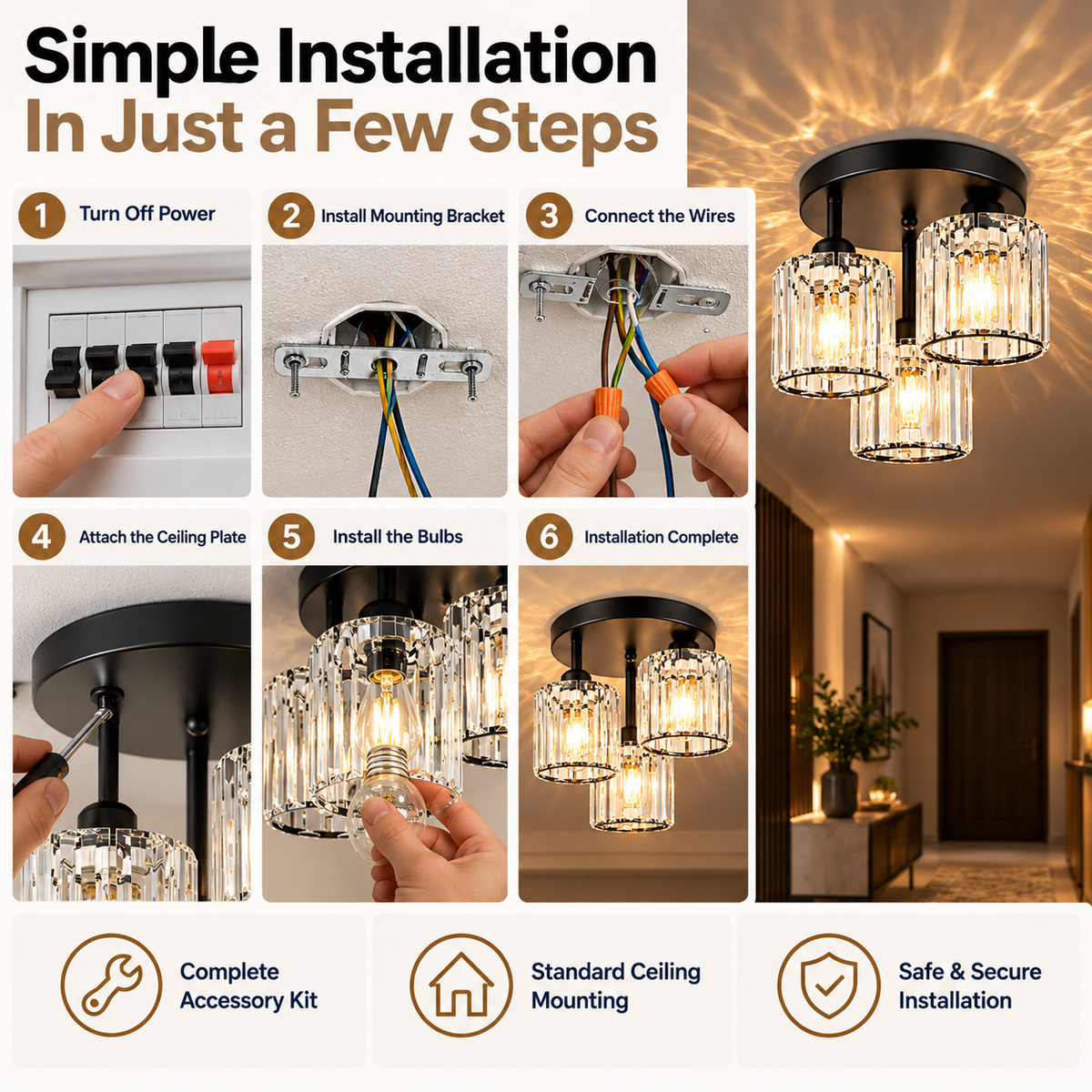 Crystal Ceiling Light | 3-Light Black Fixture, K9, E27 | Contemporary