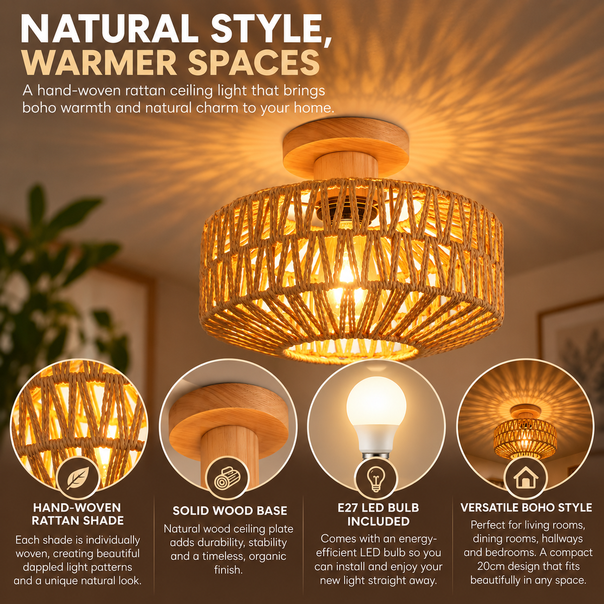 Rattan Ceiling Light | Boho Vintage, 20cm, E27 LED Included