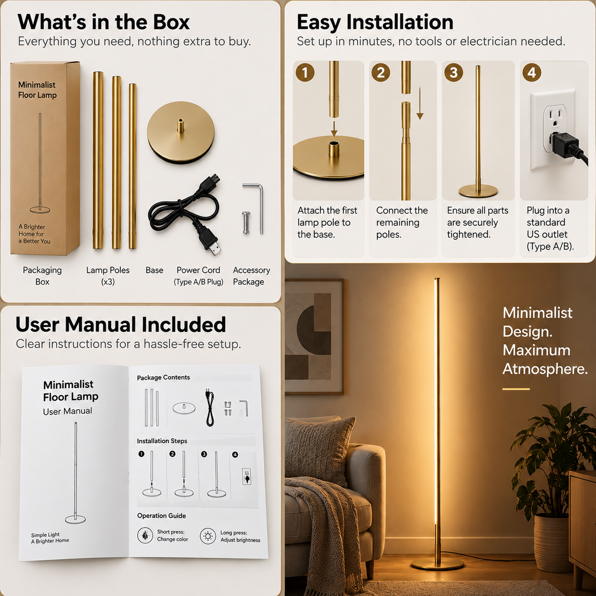 Floor Lamp | Minimalist Metal, Tri-Color Dimming | Living Room