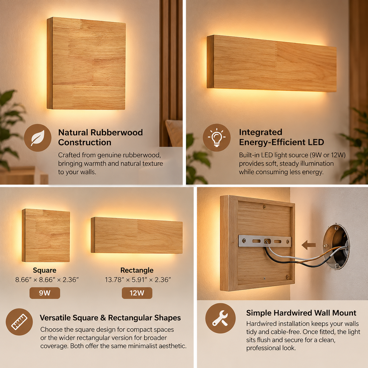 LED Wall Light | Japanese Wooden Square & Rectangle | Rubberwood, Minimalist