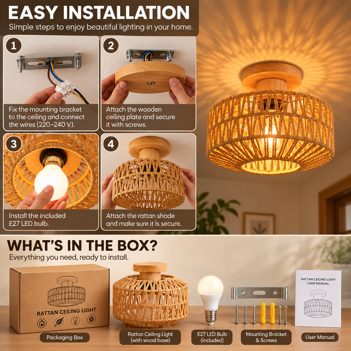 Rattan Ceiling Light | Boho Vintage, 20cm, E27 LED Included