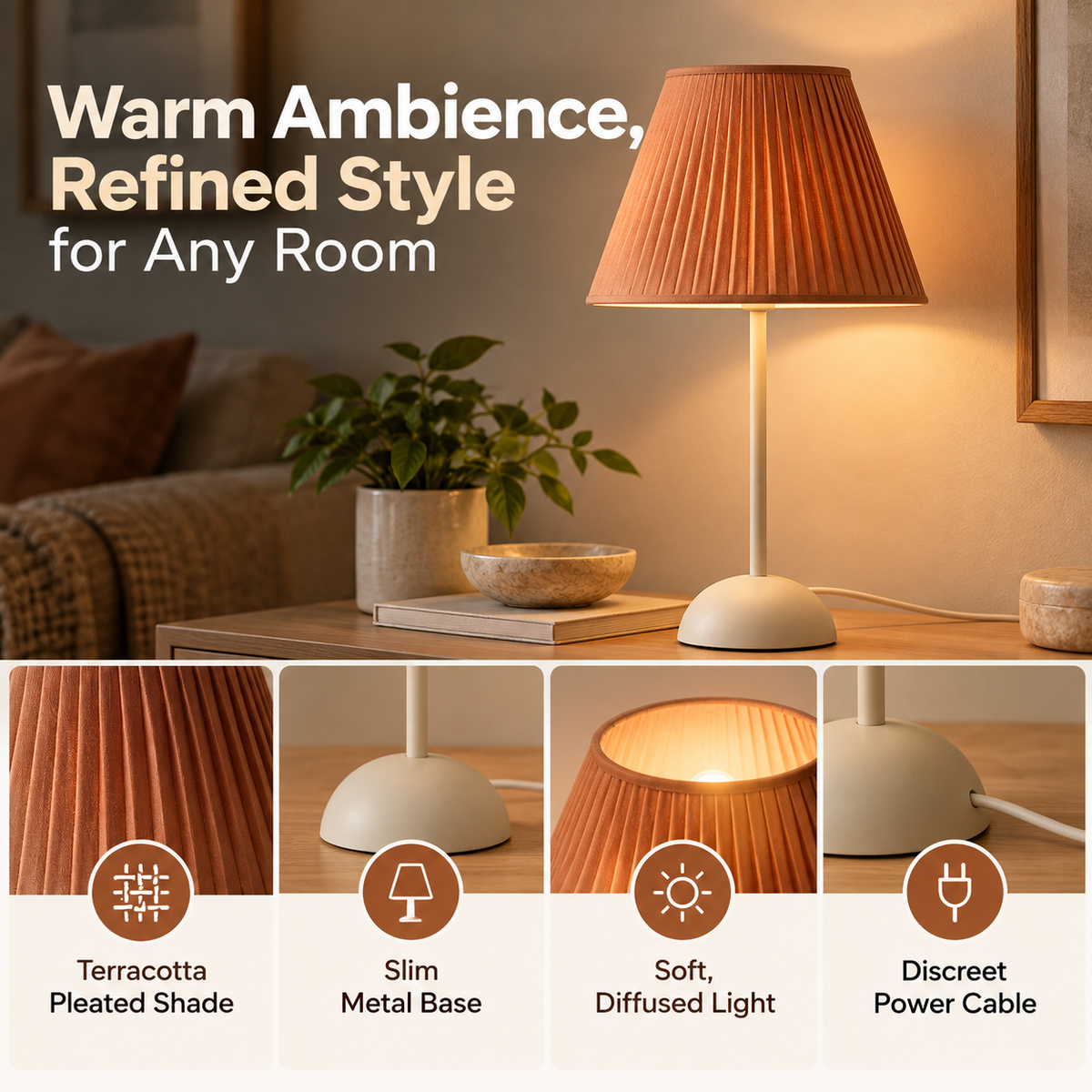 Table Lamp | Terracotta Pleated Shade, Slim Metal Base | Warm Light