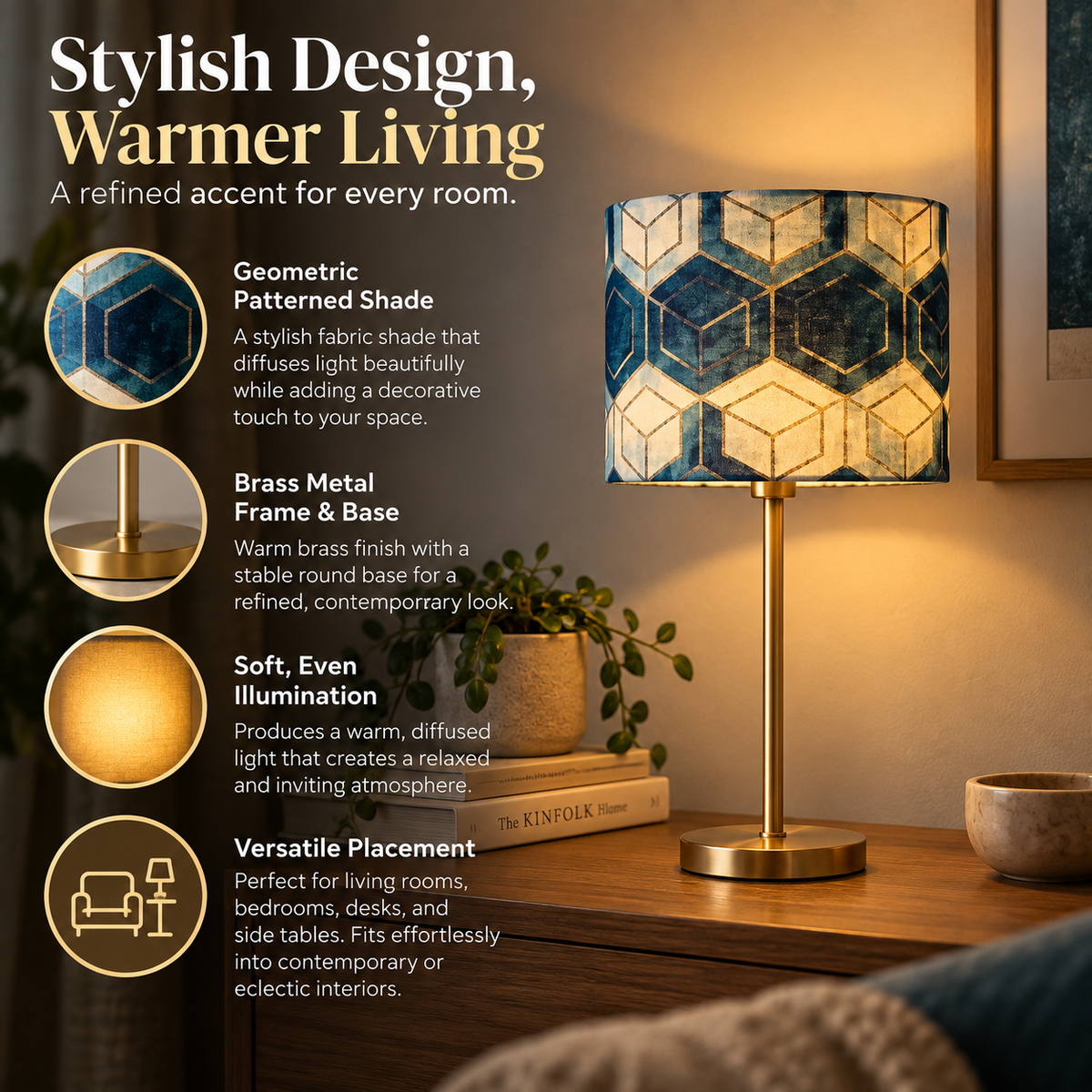 Table Lamp | Geometric Pattern, Brass Metal Base | Warm Light