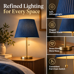 Table Lamp | Blue Pleated Shade, Brass Metal Base | Soft Light