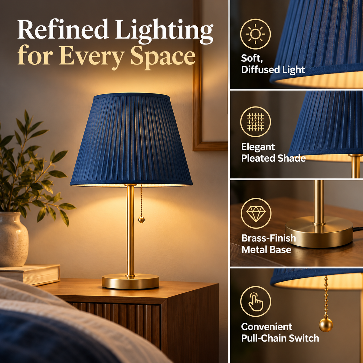 Table Lamp | Blue Pleated Shade, Brass Metal Base | Soft Light