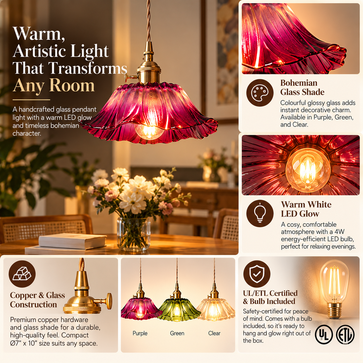 Glass Pendant Light | Bohemian, Warm LED Glow | Copper & Glass