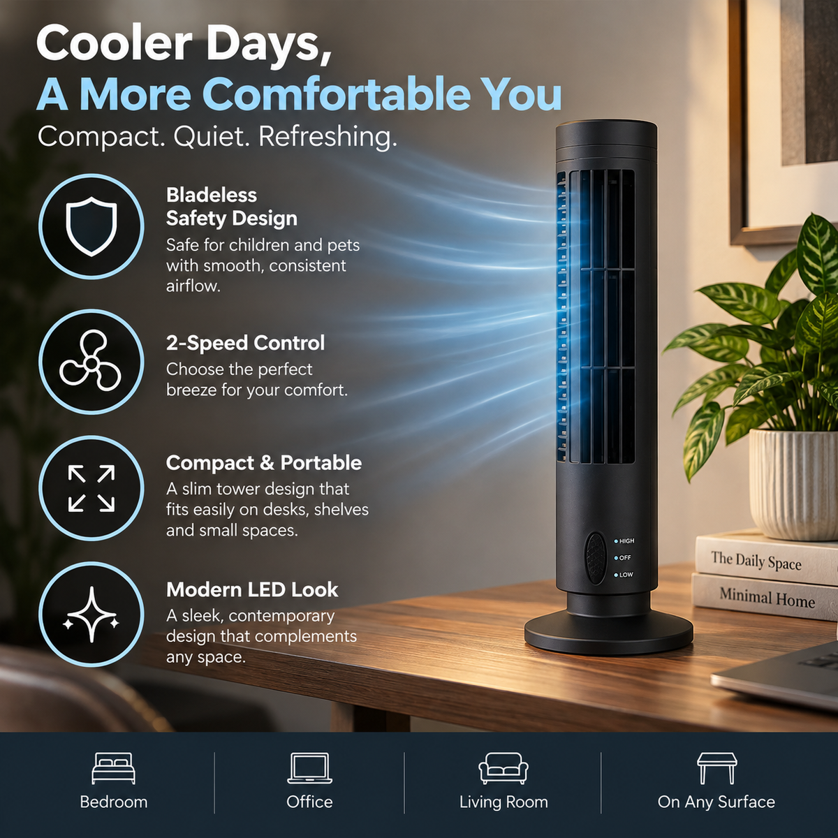 Bladeless Cooling Fan | Portable LED Tower, 2-Speed Desktop