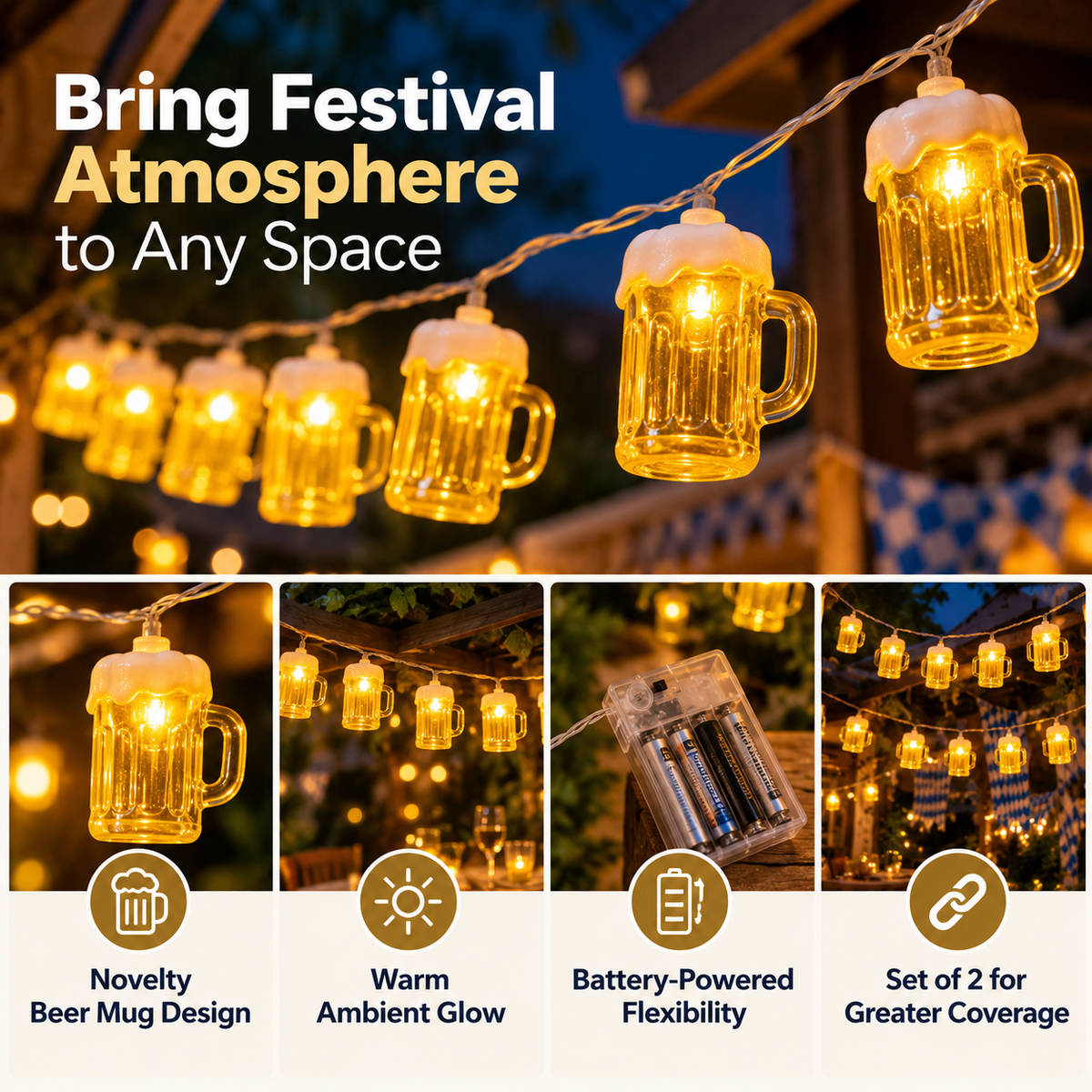 LED Beer Mug String Lights | Oktoberfest Decoration, Battery Powered | Set of 2
