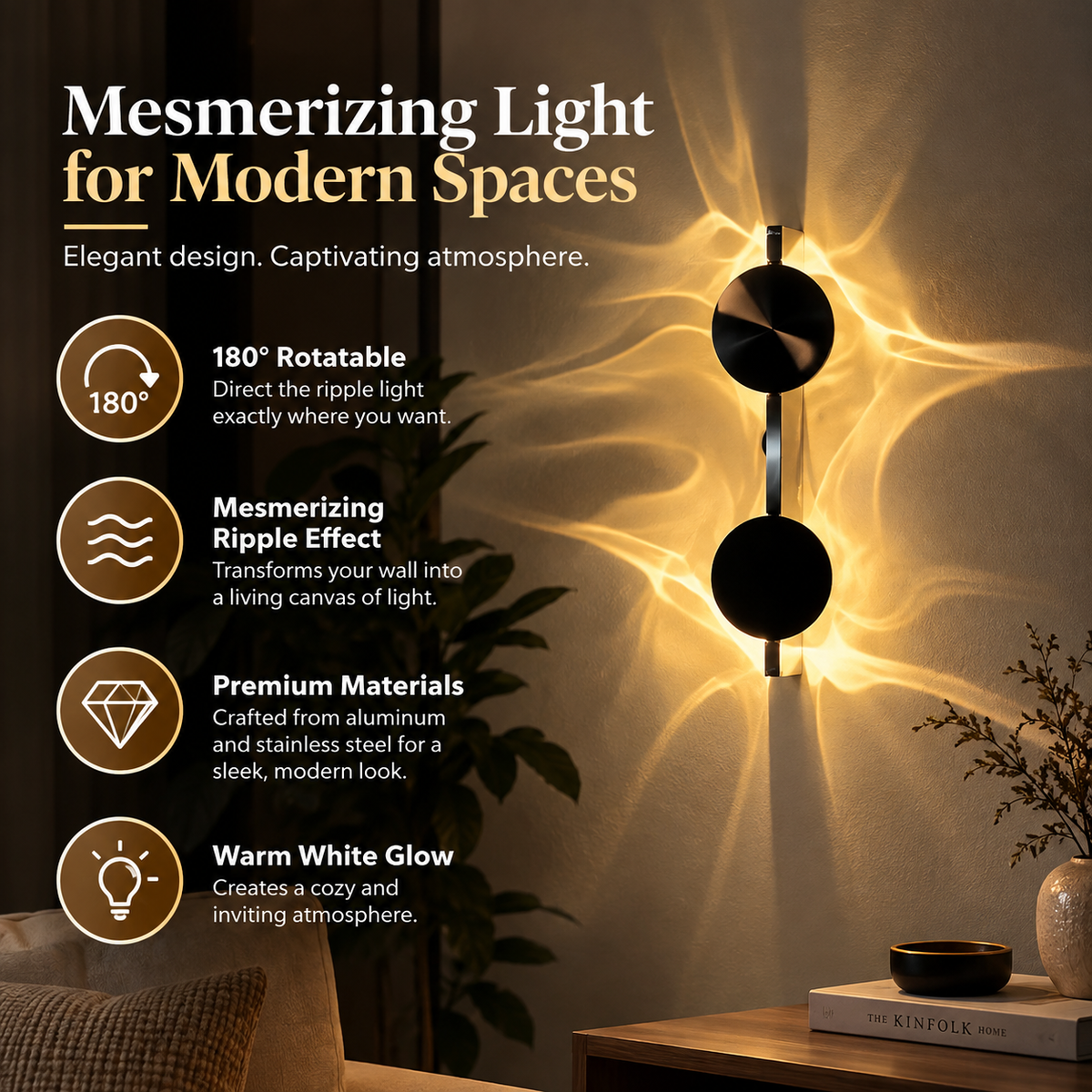 Wall Sconce | Ripple Light, 180° Rotatable | Aluminum, Warm White