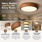 Flush Mount Ceiling Light | Wood & Iron, Slim Profile | Modern Warm