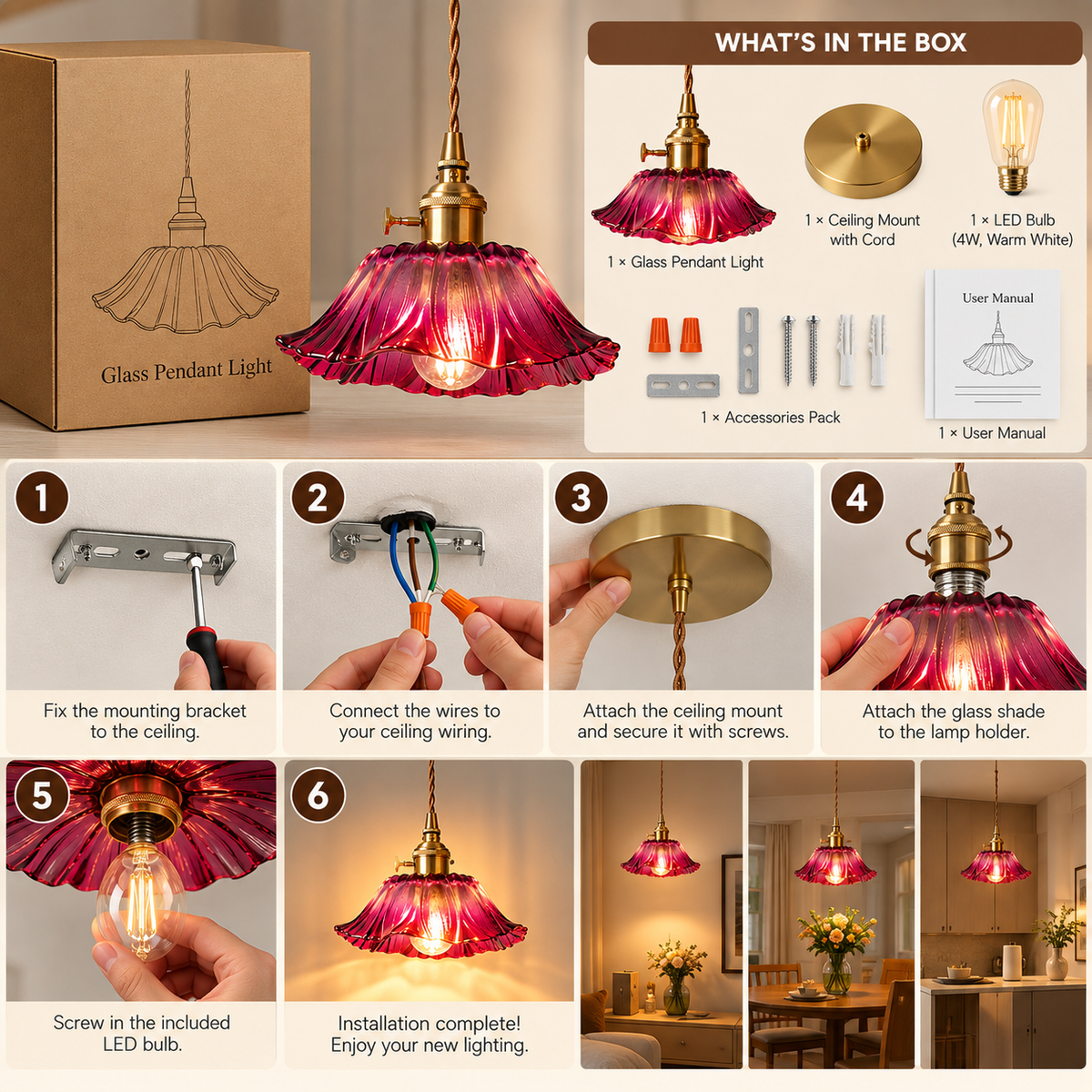 Glass Pendant Light | Bohemian, Warm LED Glow | Copper & Glass