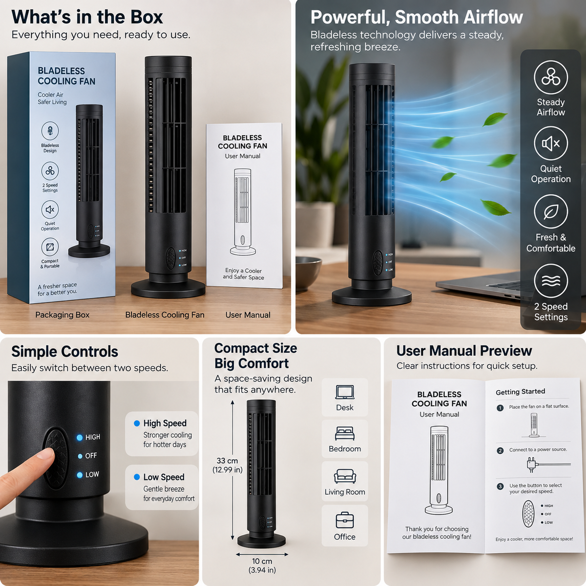 Bladeless Cooling Fan | Portable LED Tower, 2-Speed Desktop
