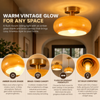 Flush Mount Ceiling Light | Vintage Amber Glass, Brass Canopy | E27