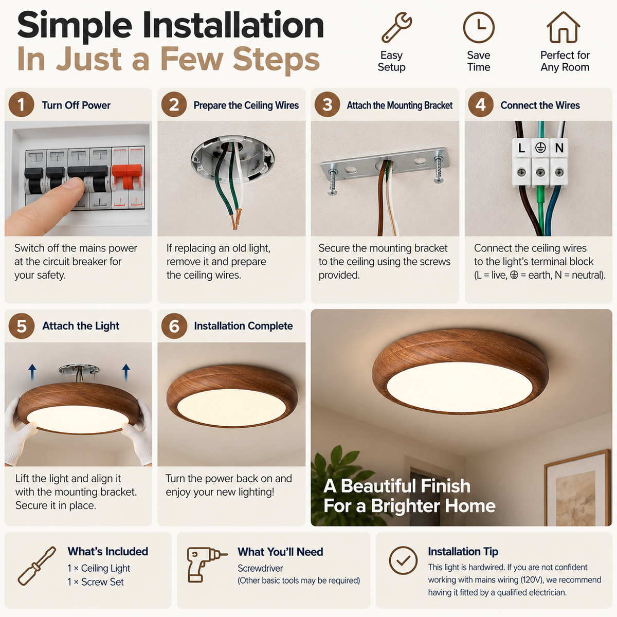 Flush Mount Ceiling Light | Wood & Iron, Slim Profile | Modern Warm