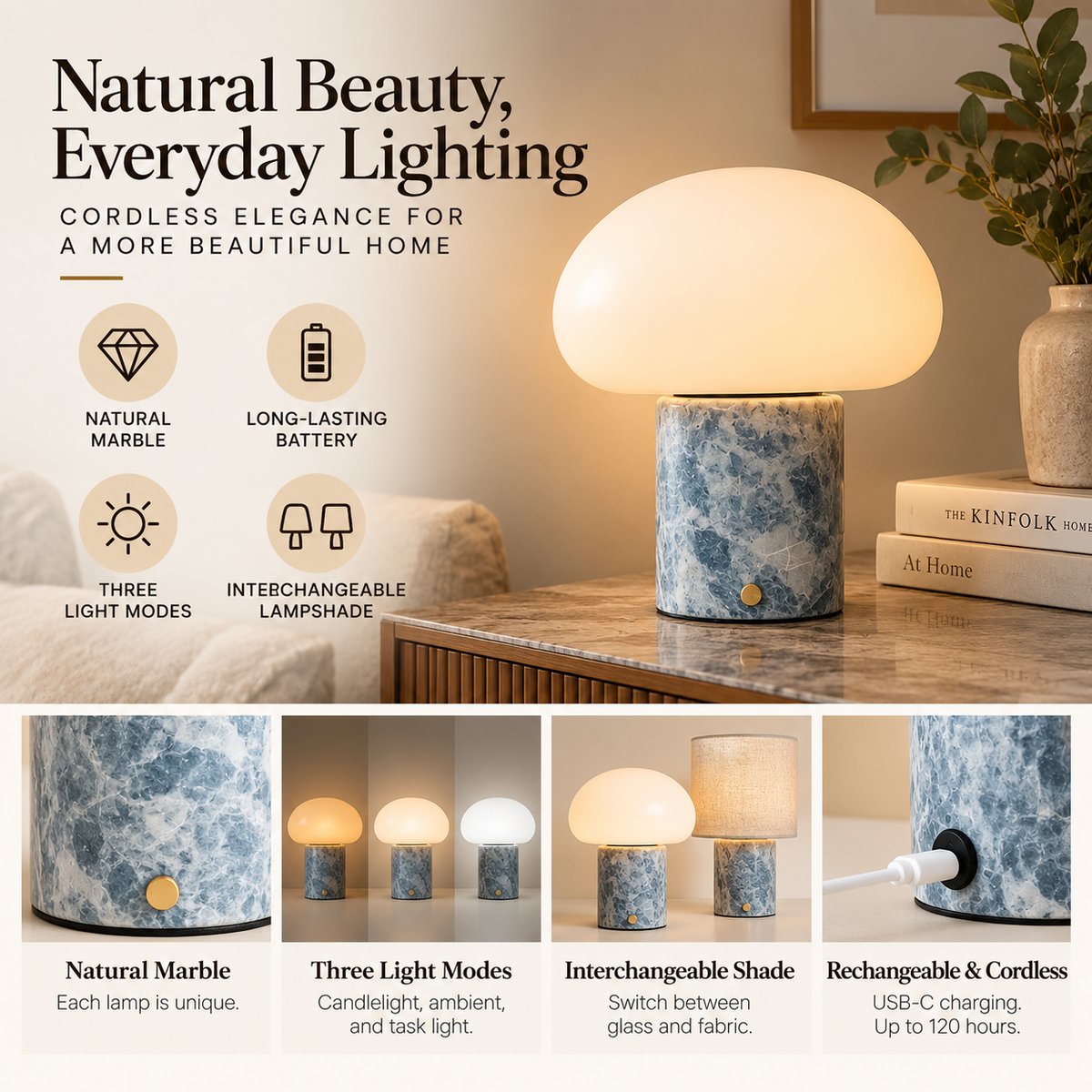 Rechargeable Table Lamp | Blue Calcite Marble, Cordless, Dimmable | Embla